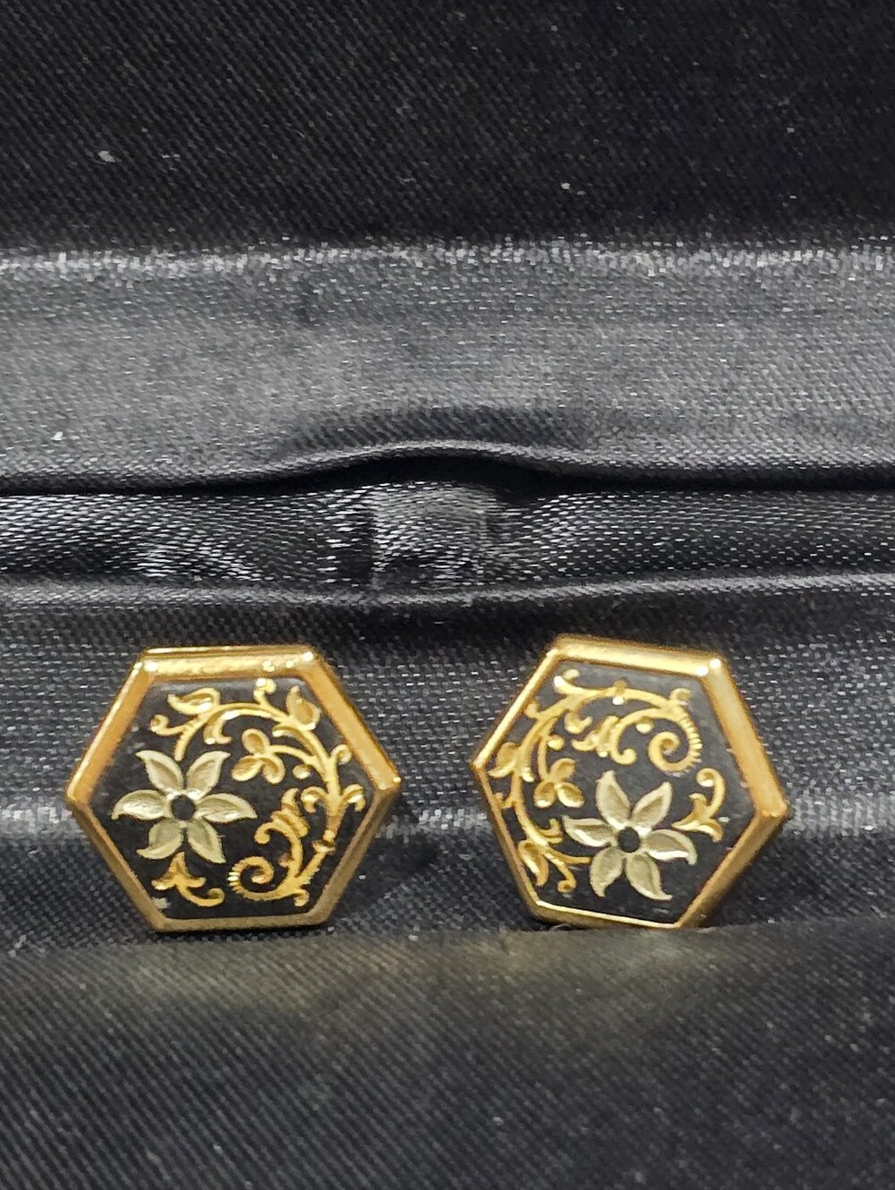 Damascene Gold and Black Floral & Scrollwork Hexagon Post Back Earrings